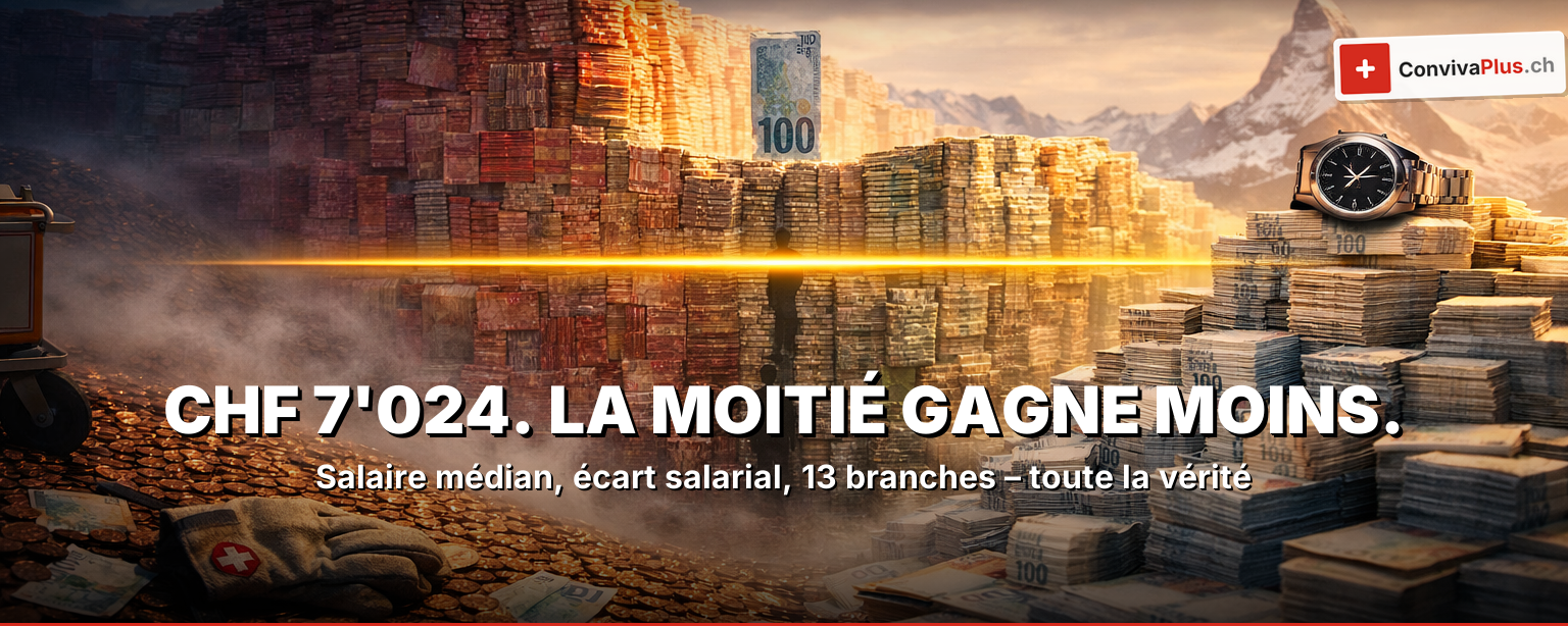 Billets de banque suisses (CHF 20, 50, 100) en escalier sur un bureau en noyer, calculatrice affichant 7024 (salaire médian), skyline de Zurich au coucher du soleil – Salaires suisses 2026