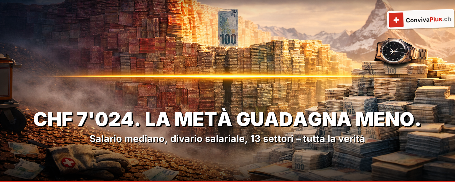 Banconote svizzere (CHF 20, 50, 100) a scalinata su scrivania in noce, calcolatrice con 7024 (salario mediano), skyline di Zurigo al tramonto – Salari svizzeri 2026