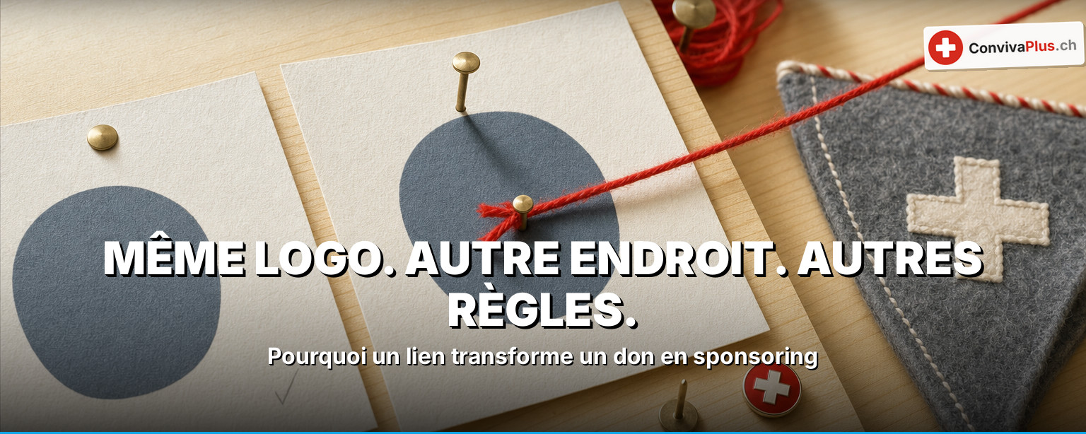 Demande de sponsoring : deux cartes identiques avec le même logo rond, un fil rouge noué à l'une d'elles, à côté un fanion d'association à croix suisse. Le même logo, une fois don, une fois sponsoring