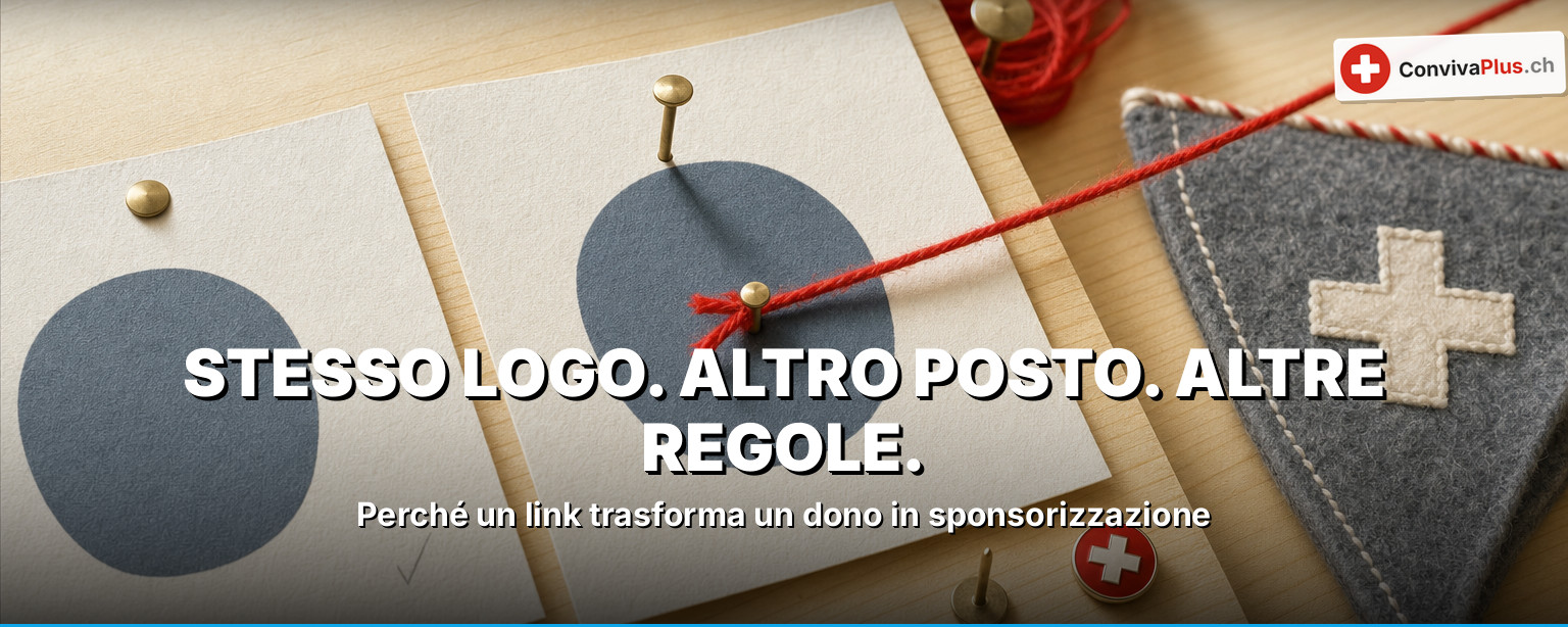 Richiesta di sponsorizzazione: due cartoncini uguali con lo stesso logo rotondo, a uno è legato un filo rosso, accanto un gagliardetto con la croce svizzera. Lo stesso logo, una volta dono, una volta sponsorizzazione