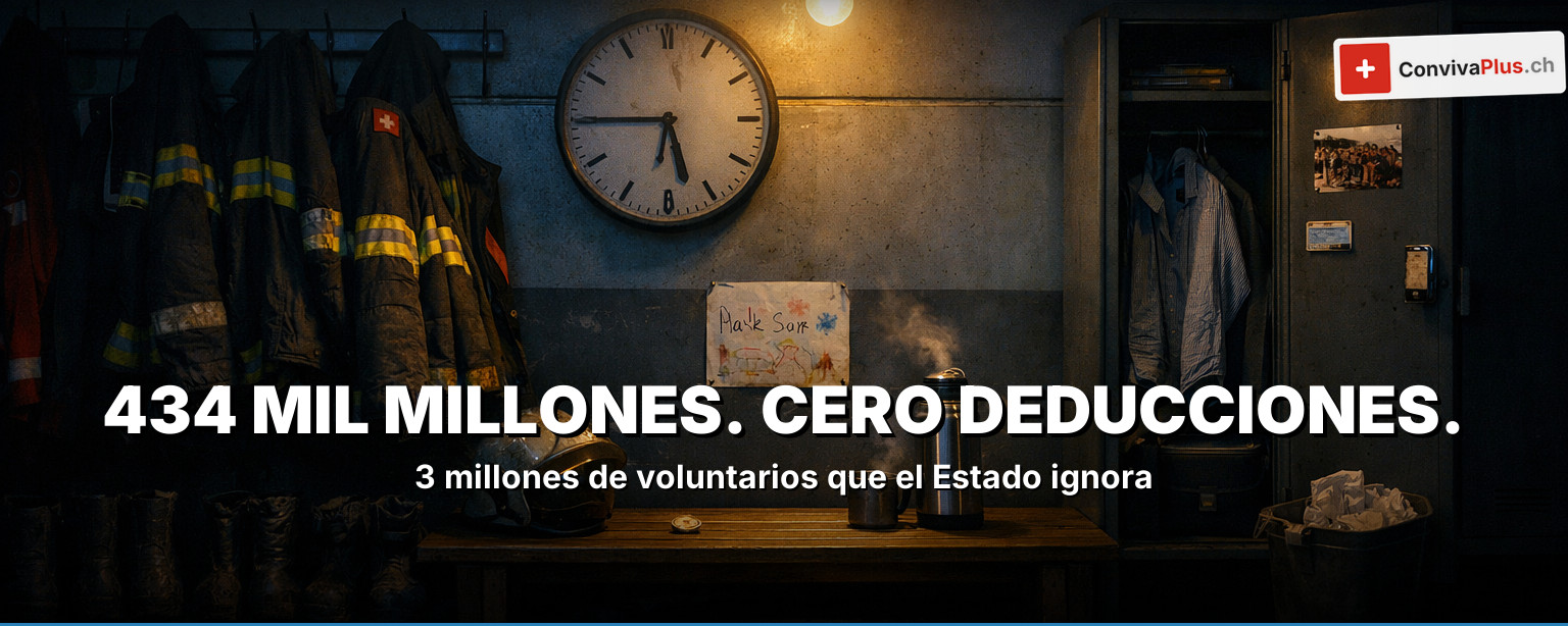 434 mil millones de francos de trabajo no remunerado, cero deducción fiscal: carta de niño, insignia de voluntario, calculadora mostrando 0.00, sello RECHAZADO en documento parlamentario