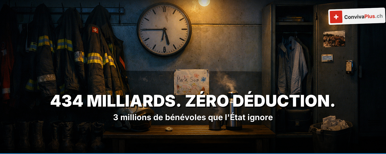 434 milliards de francs de travail non rémunéré, zéro déduction fiscale : lettre d'enfant, badge bénévole, calculatrice affichant 0.00, tampon REJETÉ sur document parlementaire