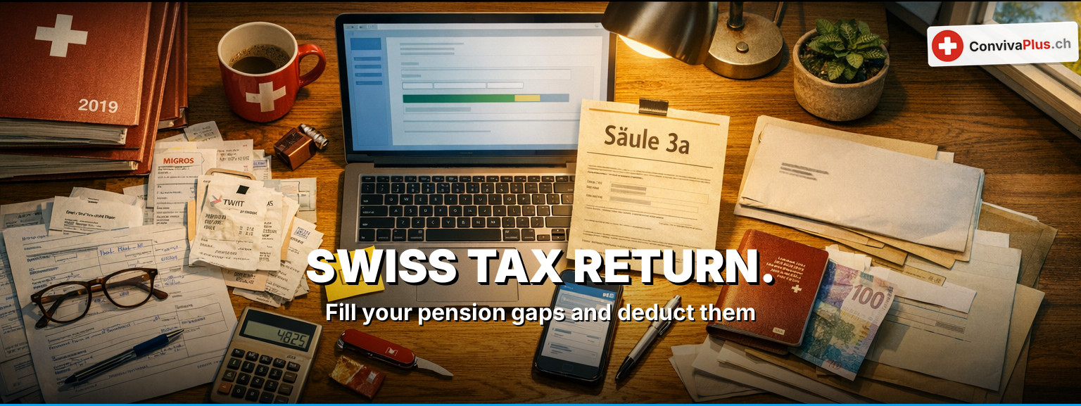 Swiss Tax Return 2026: desk with federal binder, laptop with tax portal, pillar 3a certificate CHF 7,258, post-it deadline 31.03., Swiss passport, Federal Palace in the background