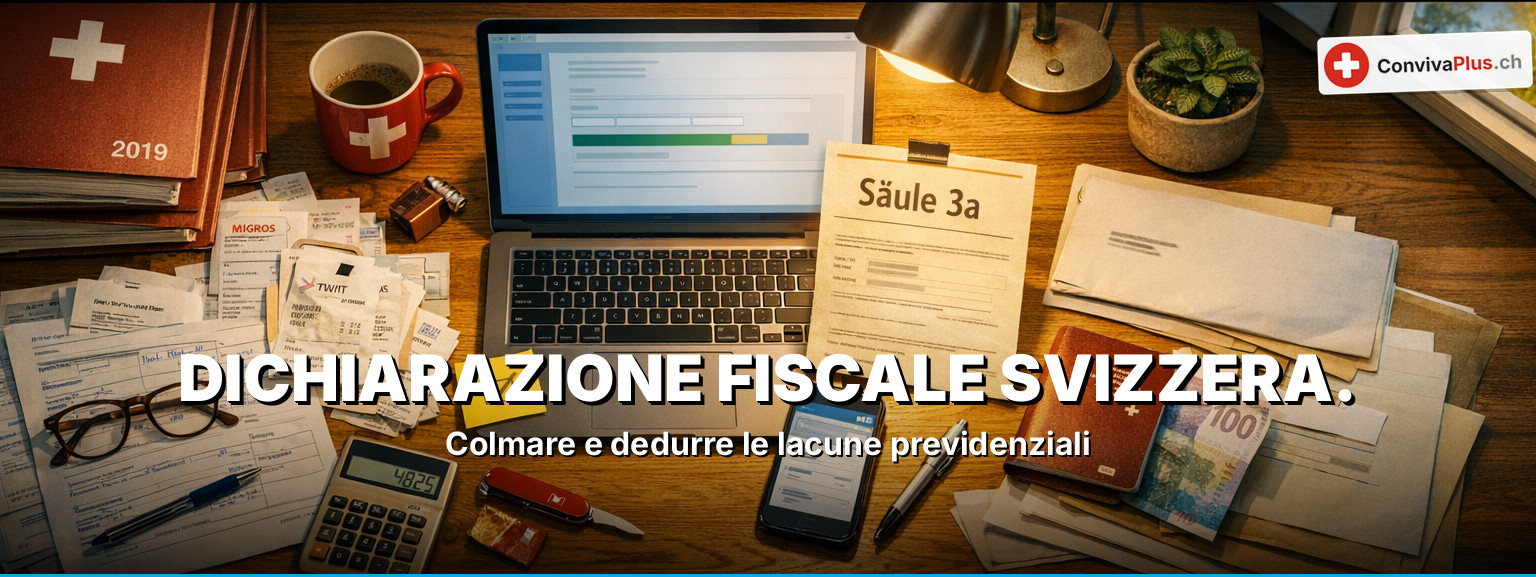 Dichiarazione fiscale Svizzera 2026: scrivania con raccoglitore federale, laptop con portale fiscale, attestato pilastro 3a CHF 7'258, post-it scadenza 31.03., passaporto svizzero, Palazzo federale