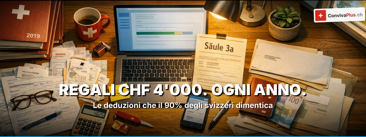 Dichiarazione fiscale Svizzera 2026: scrivania con raccoglitore federale, laptop con portale fiscale, attestato pilastro 3a CHF 7'258, post-it scadenza 31.03., passaporto svizzero, Palazzo federale