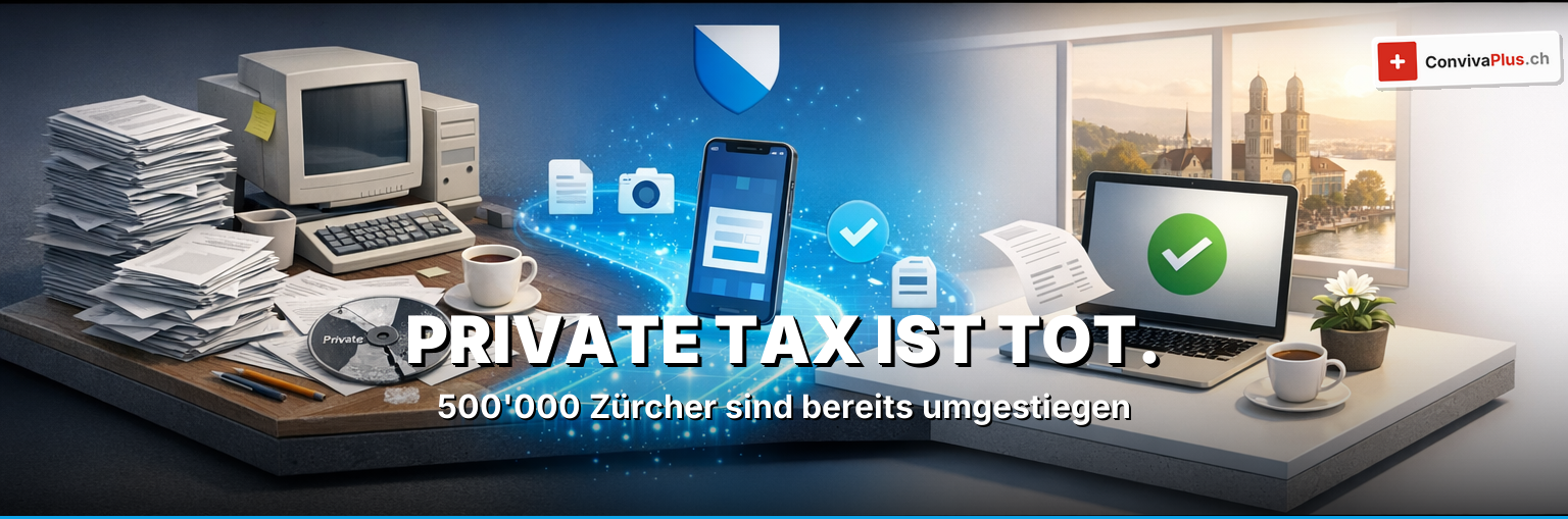 Steuererklärung online einreichen Zürich 2026: Laptop mit ZHprivateTax-Portal, Smartphone mit AGOV-Login, Steuerformulare digital, Zürcher Wappen, Frist 31. März auf Kalender