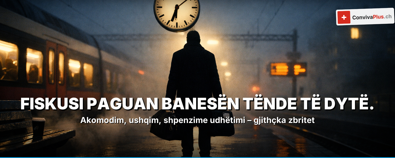 Zbritja tatimore për banorët javorë 2026: skenë stacioni me valixhe udhëtari, formular tatimor, dy kantone në mjegull – deri në CHF 18'000 në vit zbritje