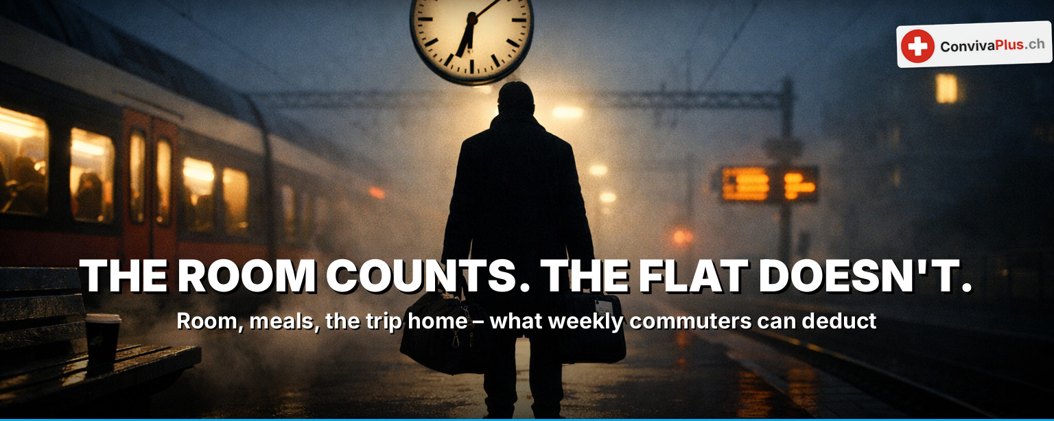 Weekly resident tax deduction 2026: station scene with commuter suitcase, tax form, two cantons in the mist – deduct a room, meals and the trip home