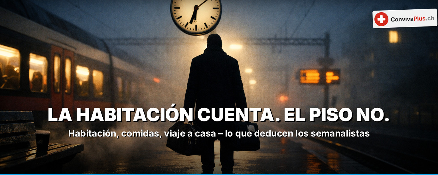 Deducción fiscal semanalista 2026: escena en estación con maleta de viajero, formulario fiscal, dos cantones en la niebla – deducir habitación, comidas y viaje a casa