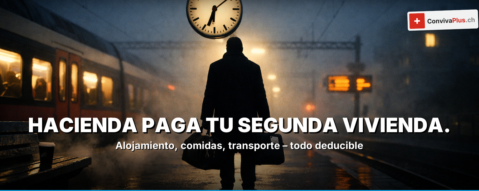 Deducción fiscal semanalista 2026: escena en estación con maleta de viajero, formulario fiscal, dos cantones en la niebla – hasta CHF 18'000 al año de deducción