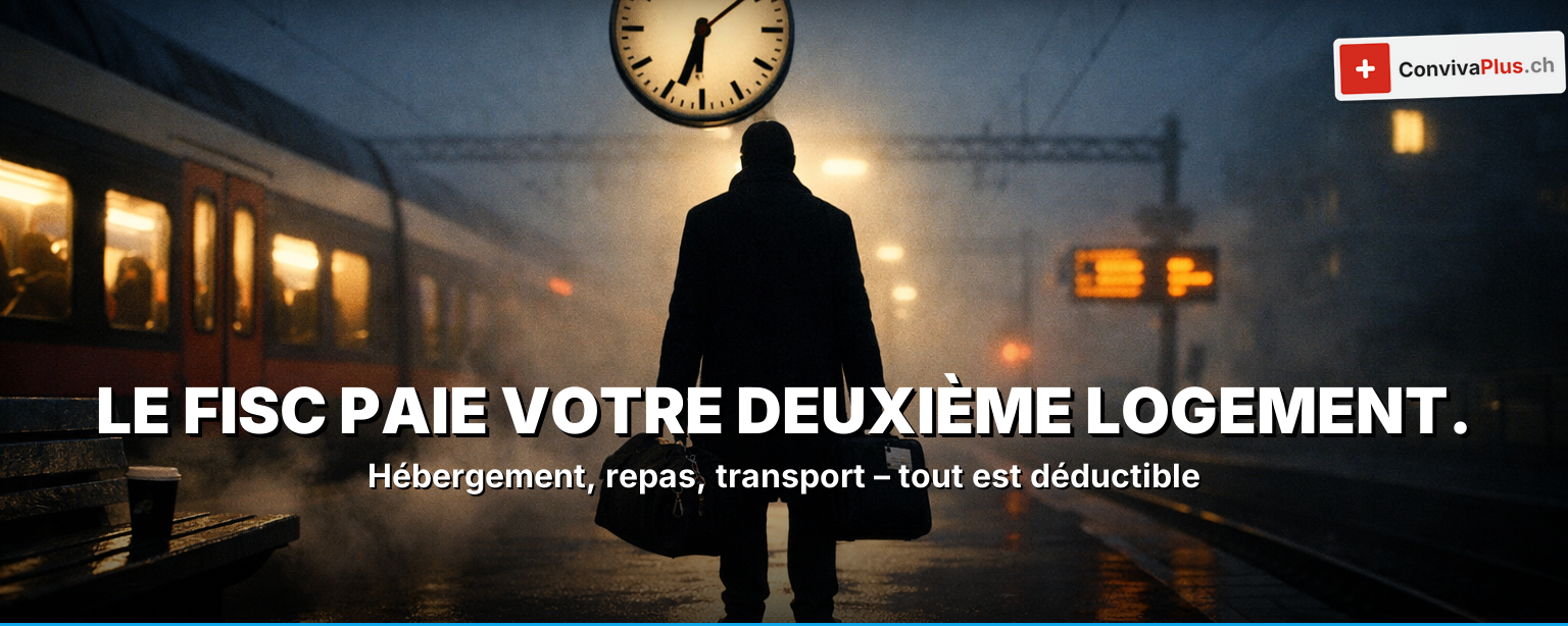 Déduction fiscale semainier 2026 : scène de gare avec valise de pendulaire, formulaire fiscal, deux cantons dans la brume – jusqu'à CHF 18'000 par an à déduire