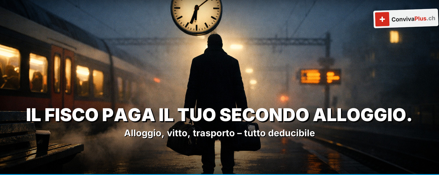 Deduzione fiscale settimanale 2026: scena alla stazione con valigia da pendolare, formulario fiscale, due cantoni nella nebbia – fino a CHF 18'000 all'anno da dedurre