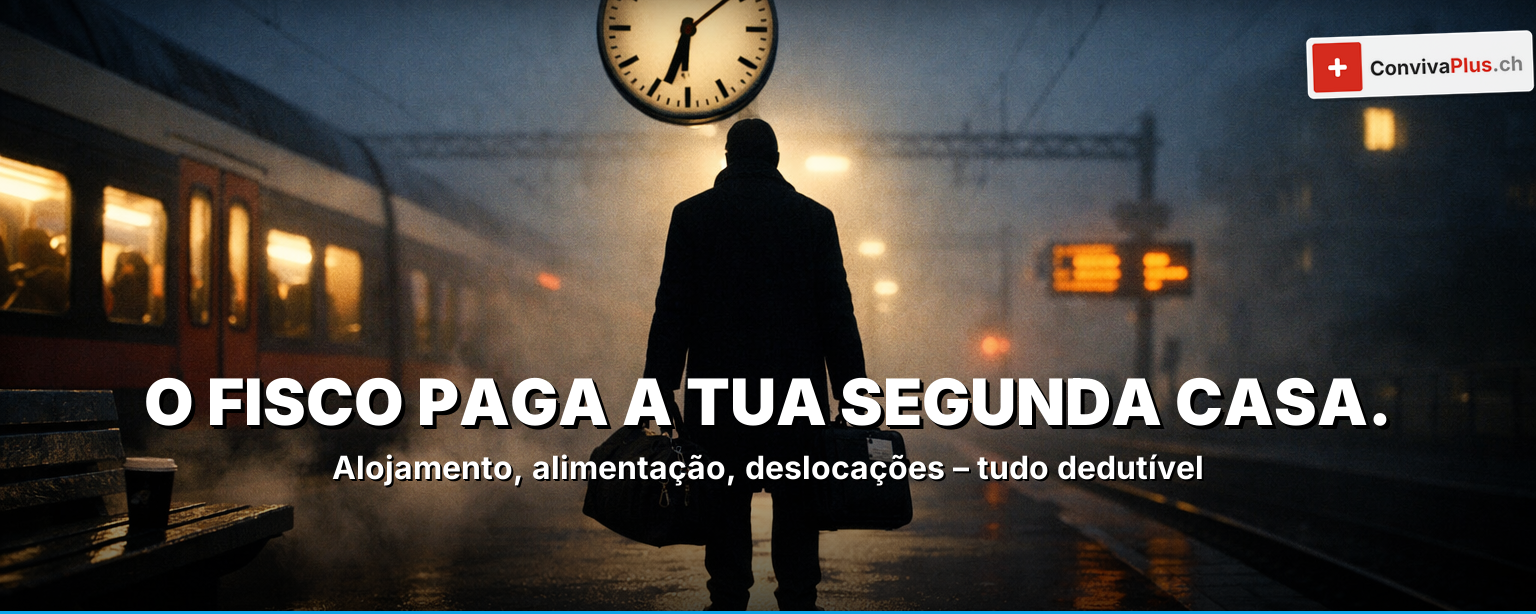 Dedução fiscal residente semanal 2026: cena em estação com mala de viajante, formulário fiscal, dois cantões no nevoeiro – até CHF 18'000 por ano de dedução