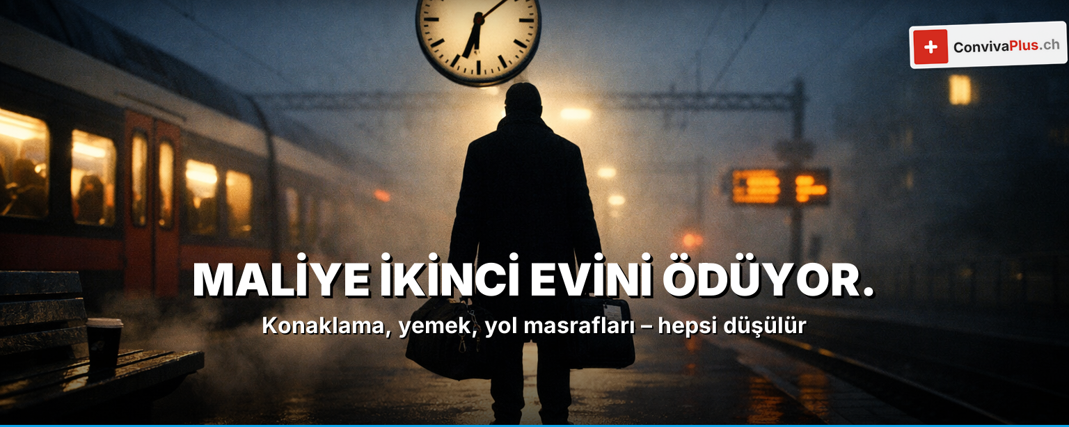 Haftalık ikamet vergi indirimi 2026: bavullu yolcu ile istasyon sahnesi, vergi formu, siste iki kanton – yılda CHF 18'000'e kadar indirim