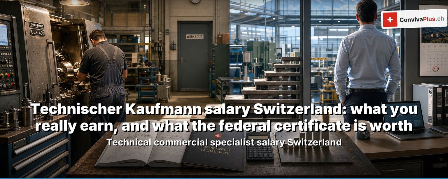 Technischer Kaufmann salary Switzerland 2026: a person between engineering and commerce, with franc notes and a salary index by experience levels