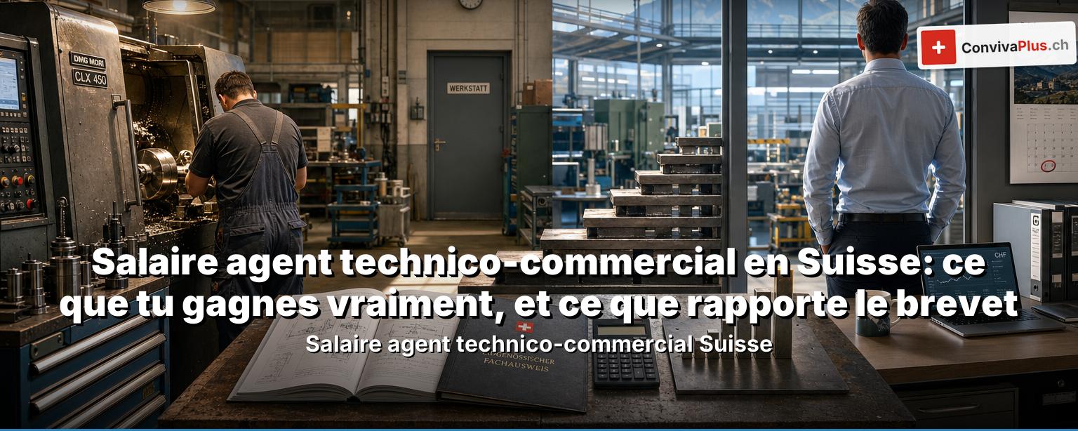 Salaire agent technico-commercial Suisse 2026: personne entre technique et commerce, avec des billets en francs et un indice salarial par niveaux d'expérience