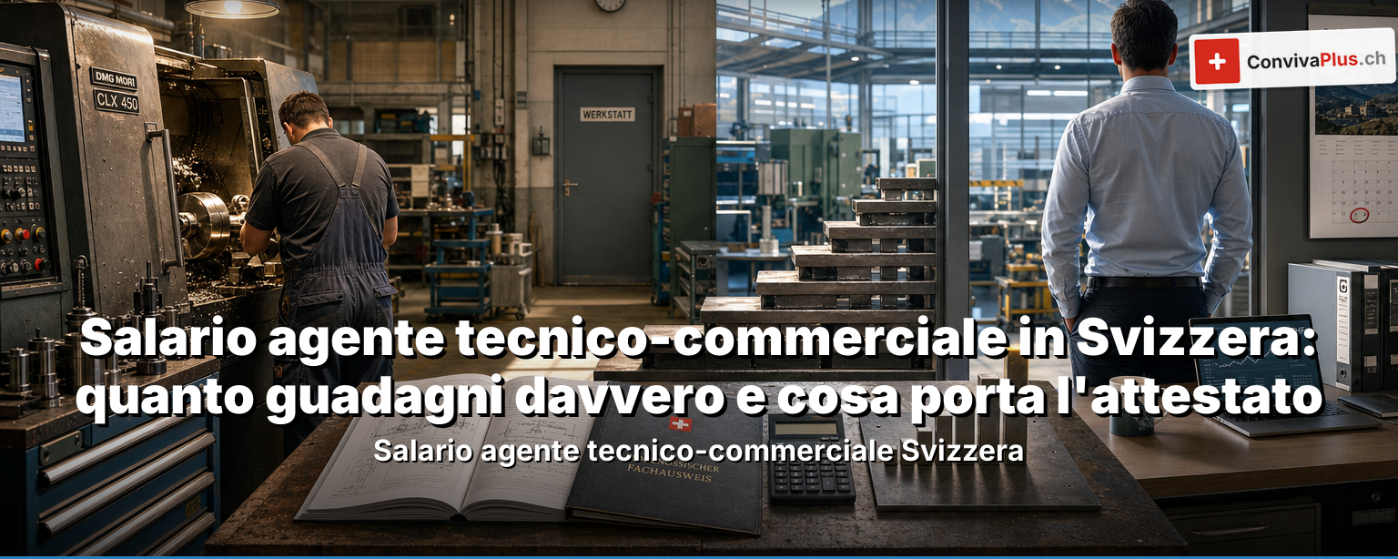 Salario agente tecnico-commerciale Svizzera 2026: persona tra tecnica e commercio, con banconote in franchi e un indice salariale per livelli di esperienza