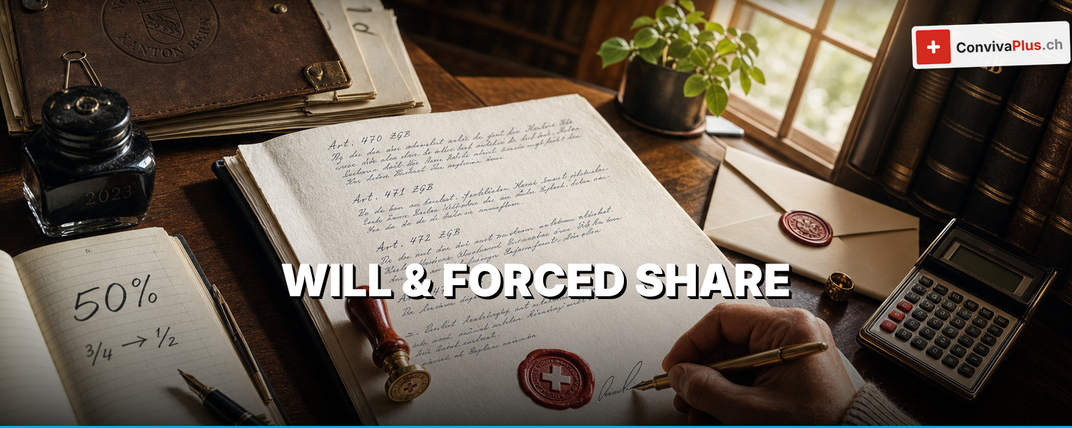 Swiss will as a template with handwritten last wishes, fountain pen, Civil Code and franc notes, symbol of the forced share, the freely disposable portion and the forms under Art. 505