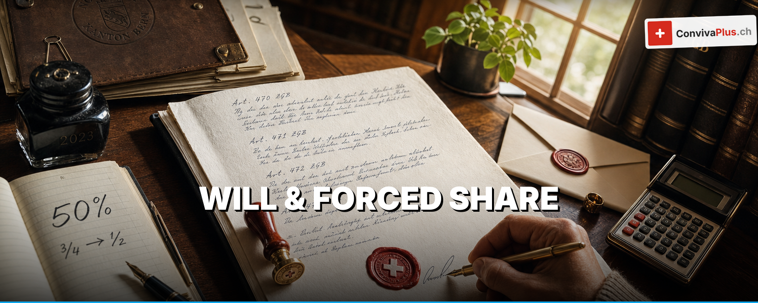 Swiss will as a template with handwritten last wishes, fountain pen, Civil Code and franc notes, symbol of the forced share, the freely disposable portion and the forms under Art. 505