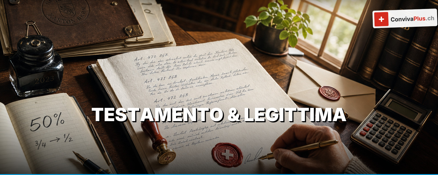 Testamento svizzero come modello con ultime volontà scritte a mano, penna stilografica, Codice civile e banconote in franchi, simbolo della porzione legittima, della quota disponibile e delle forme secondo l'art. 505