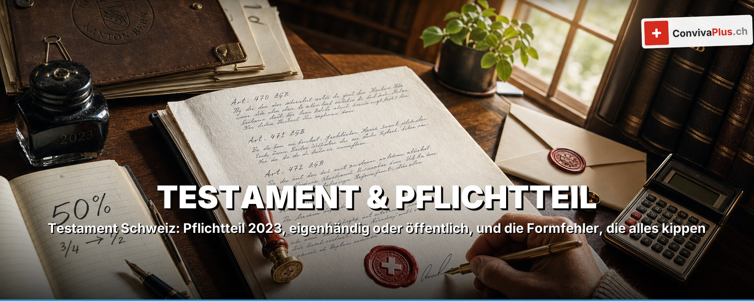 Testament Schweiz: Muster-Vorlage, Pflichtteil 2023 und der Rechner, der dir deine frei verfügbare Quote zeigt