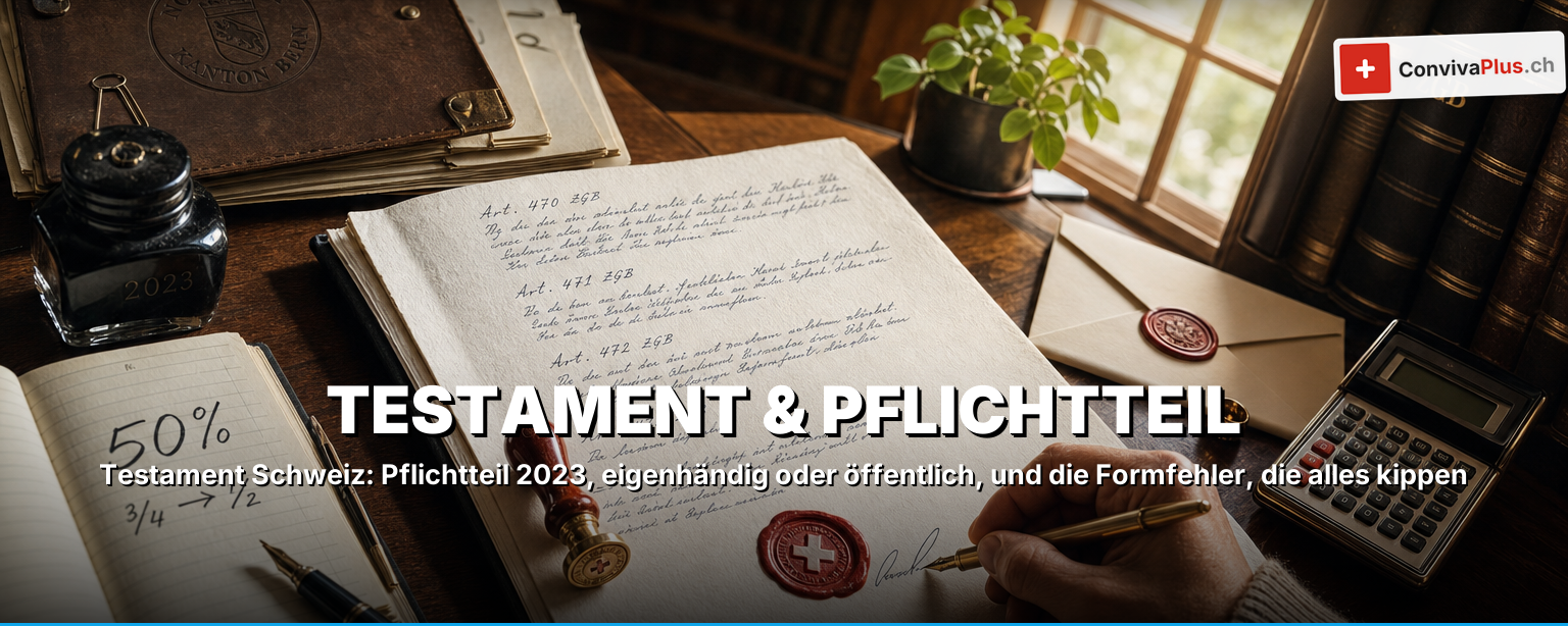 Testament Schweiz: Muster-Vorlage, Pflichtteil 2023 und der Rechner, der dir deine frei verfügbare Quote zeigt