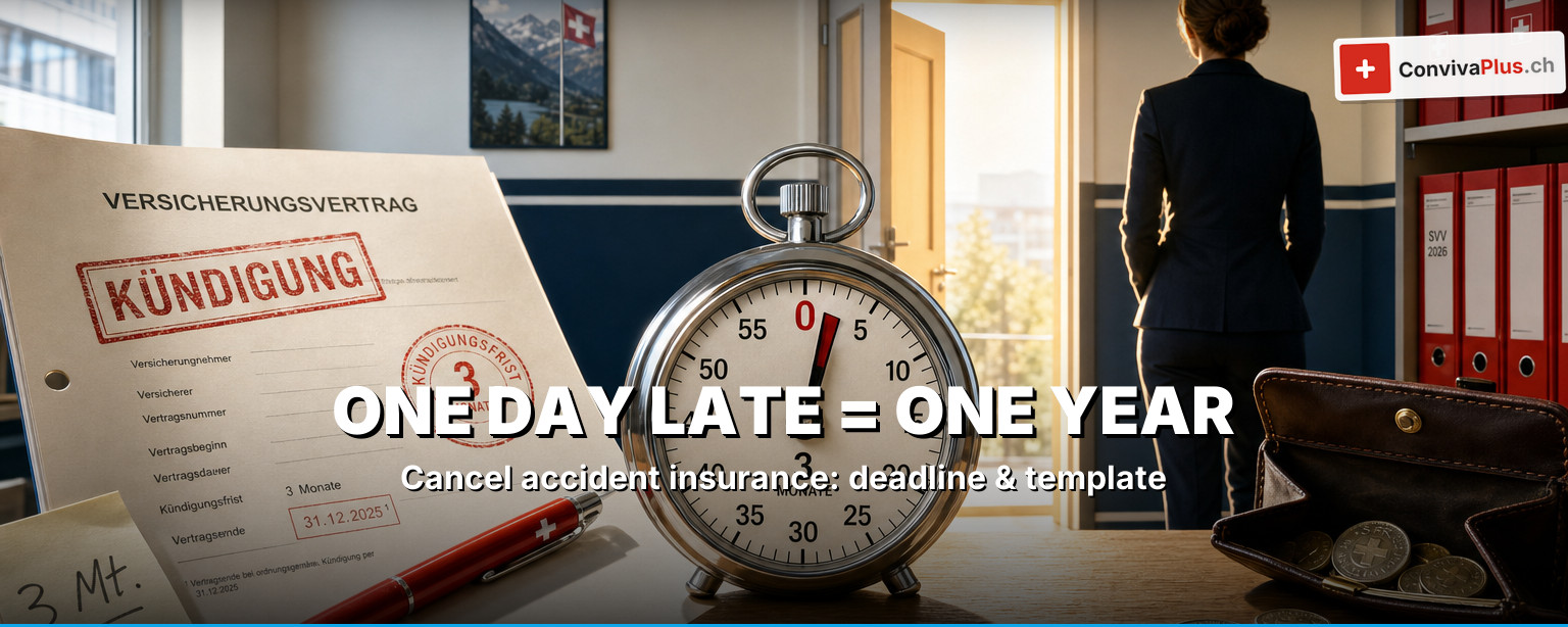 Cancellation letter for a Swiss accident insurance with calendar, 3-month deadline and registered-mail receipt, template and VVG cancellation right 2026
