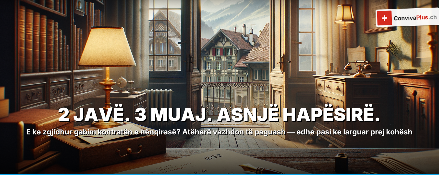 Dhomë WG zvicerane me kuti zhvendosjeje dhe një letër zgjidhje mbi tavolinë — simbolike për zgjidhjen e një kontrate nënqiraje