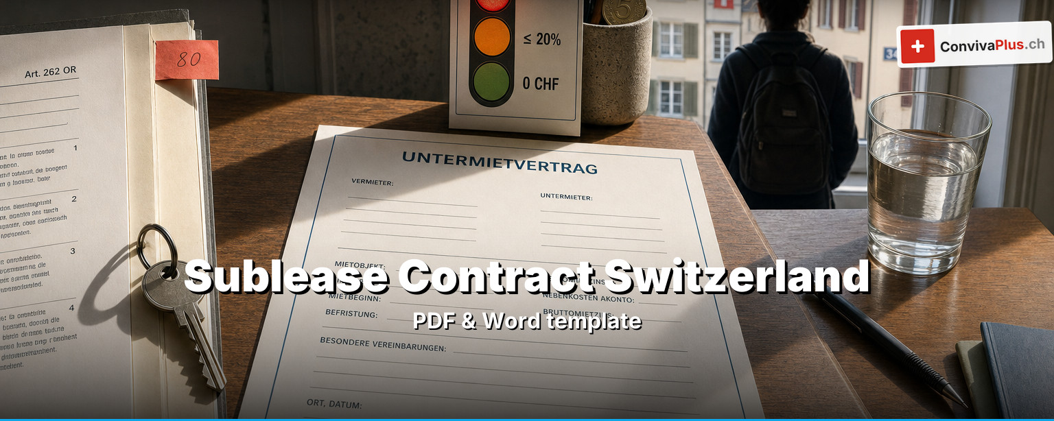 Subletting Switzerland: filled-in contract template with signatures, apartment key and calculator