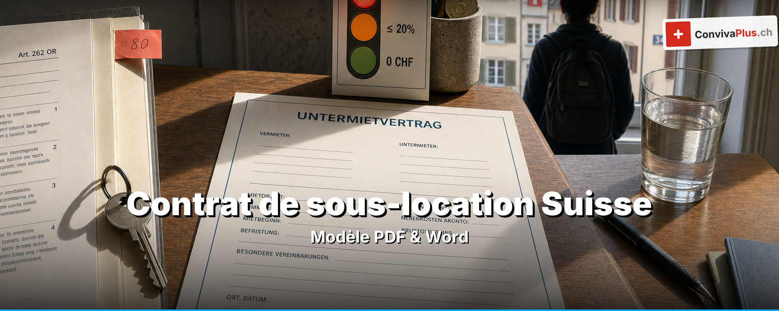 Sous-location Suisse : modèle de contrat rempli avec signatures, clé d'appartement et calculatrice