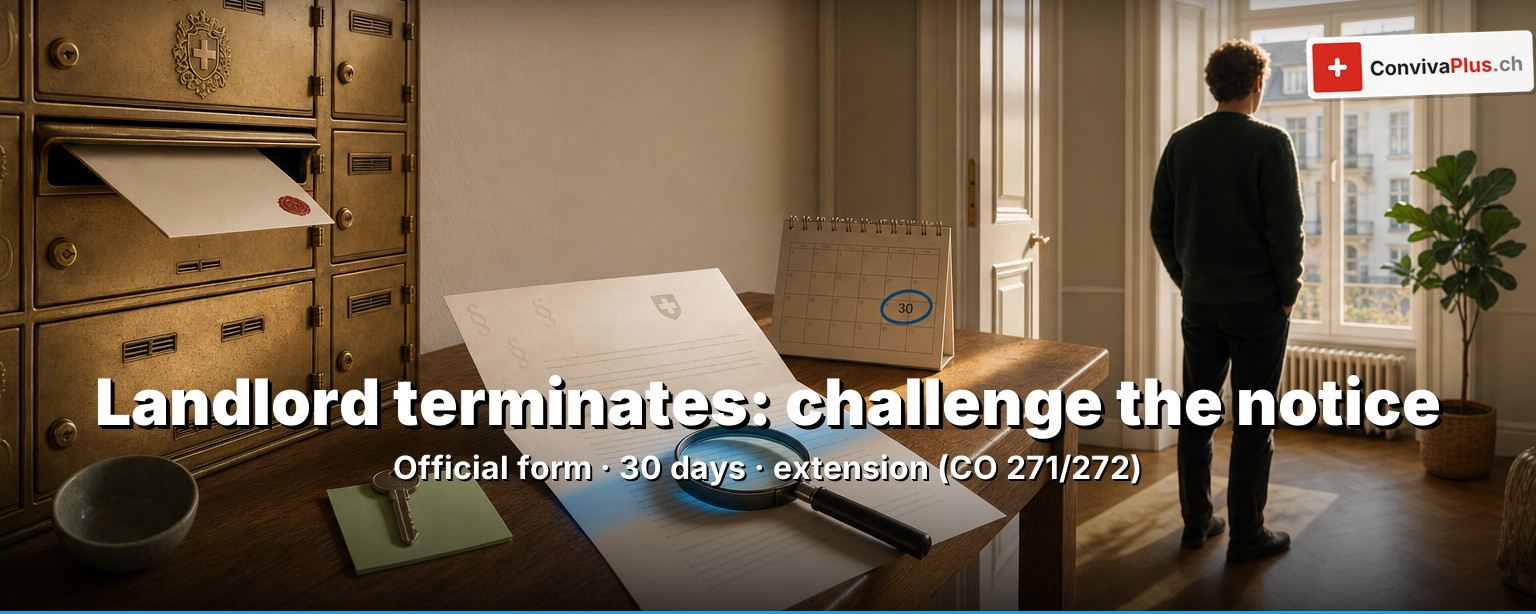 Challenging a landlord's termination in Switzerland: official termination form, calendar showing the 30-day deadline, apartment key and the conciliation authority building as a symbol of protection against termination and of extension under Art. 271 and 272 CO