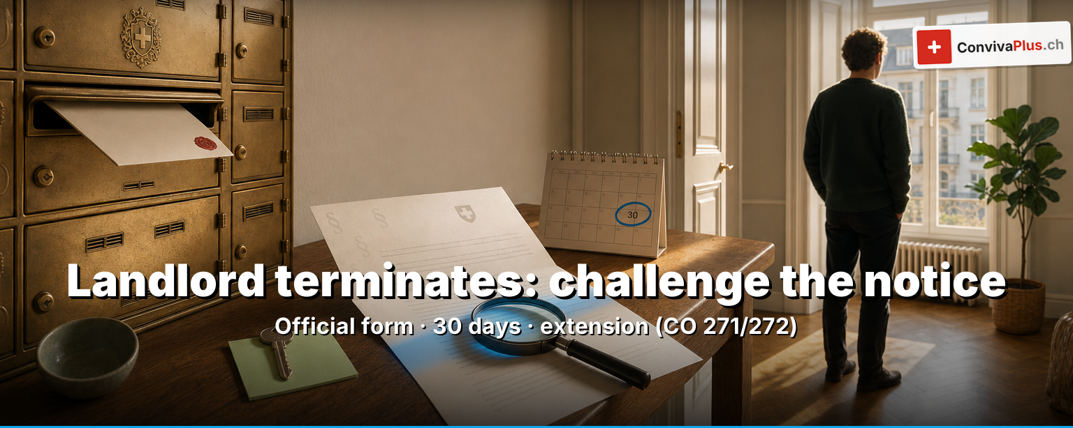 Challenging a landlord's termination in Switzerland: official termination form, calendar showing the 30-day deadline, apartment key and the conciliation authority building as a symbol of protection against termination and of extension under Art. 271 and 272 CO