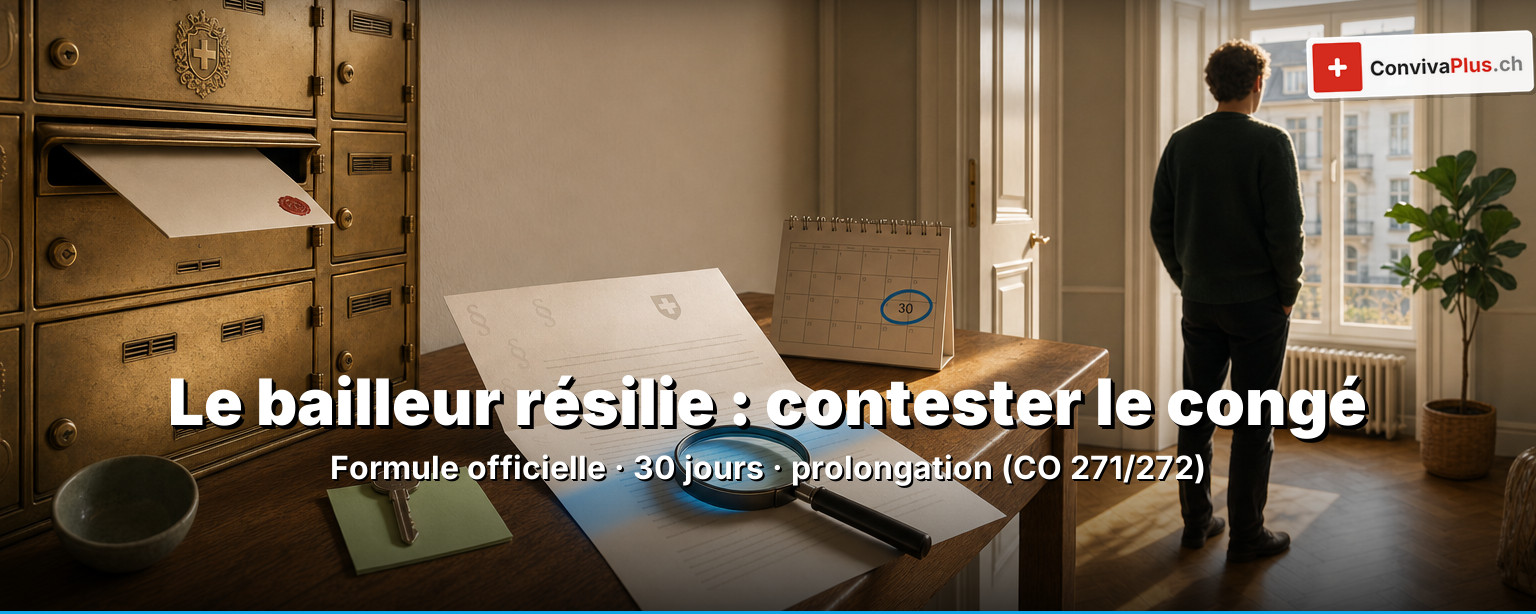 Contester un congé du bailleur en Suisse: formule officielle de résiliation, calendrier avec le délai de 30 jours, clé de l'appartement et bâtiment de l'autorité de conciliation comme symbole de la protection contre les congés et de la prolongation selon les art. 271 et 272 CO
