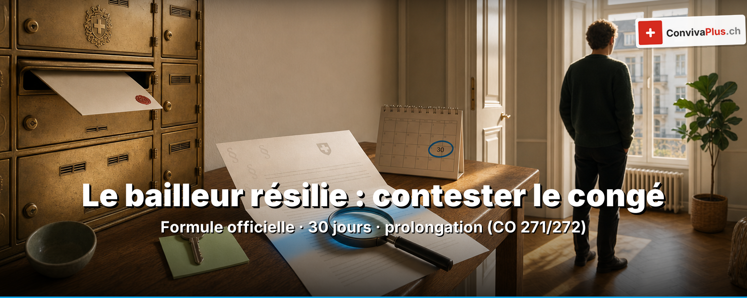 Contester un congé du bailleur en Suisse: formule officielle de résiliation, calendrier avec le délai de 30 jours, clé de l'appartement et bâtiment de l'autorité de conciliation comme symbole de la protection contre les congés et de la prolongation selon les art. 271 et 272 CO