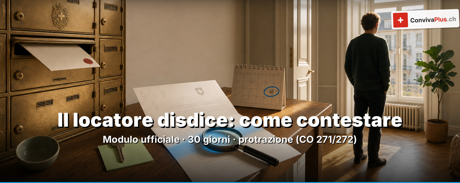 Contestare una disdetta del locatore in Svizzera: modulo ufficiale di disdetta, calendario con il termine di 30 giorni, chiave dell'appartamento e edificio dell'autorità di conciliazione come simbolo della protezione dalle disdette e della protrazione secondo gli art. 271 e 272 CO