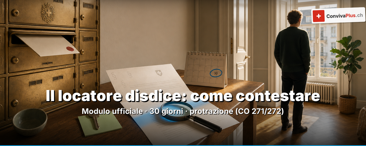 Contestare una disdetta del locatore in Svizzera: modulo ufficiale di disdetta, calendario con il termine di 30 giorni, chiave dell'appartamento e edificio dell'autorità di conciliazione come simbolo della protezione dalle disdette e della protrazione secondo gli art. 271 e 272 CO