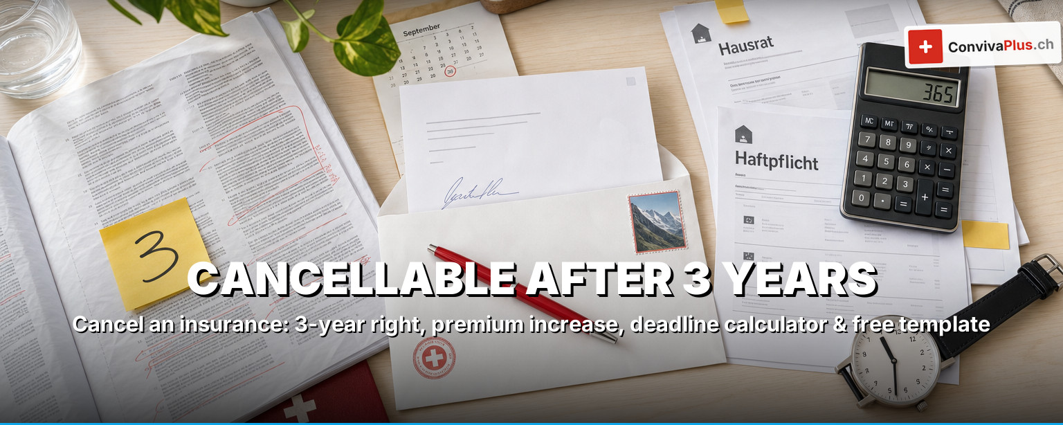 Cancellation letter for a Swiss insurance policy with a calendar, the 3-year deadline marked, the policy and a registered-mail receipt, template and VVG cancellation right 2026