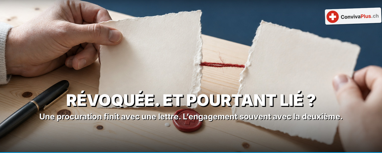 Procuration simple en Suisse : feuille de procuration signée à côté d’une clé restituée et d’un récépissé de recommandé, symbole de l’octroi et de la révocation d’une procuration selon les art. 32–37 CO