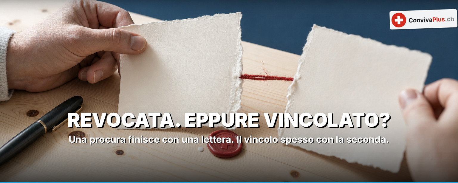 Procura semplice in Svizzera: foglio di procura firmato accanto a una chiave restituita e a una ricevuta di raccomandata, simbolo del conferimento e della revoca di una procura secondo gli art. 32–37 CO