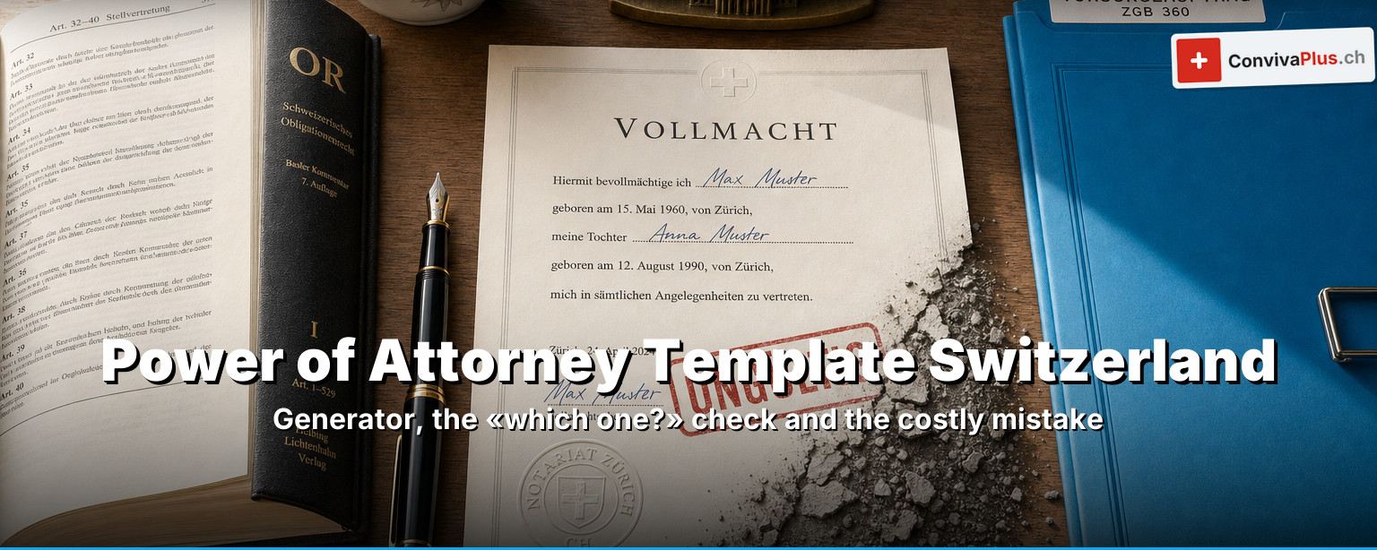 General power of attorney in Switzerland: a completed, signed power of attorney form, fountain pen and Swiss code (CO/CC), symbolising broad authorisation under art. 32–40 CO