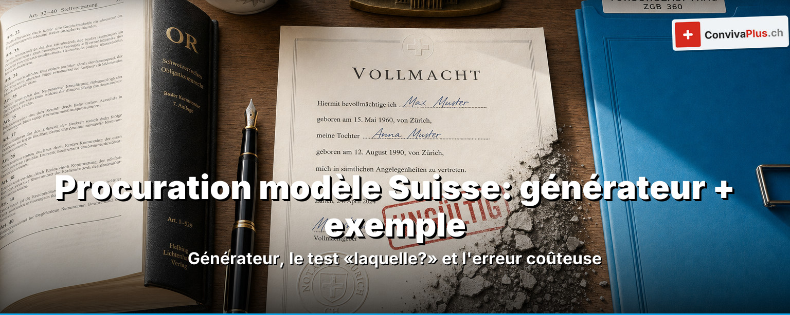 Procuration générale en Suisse: formulaire de procuration rempli et signé, stylo plume et code suisse (CO/CC), symbole de la procuration étendue selon les art. 32–40 CO