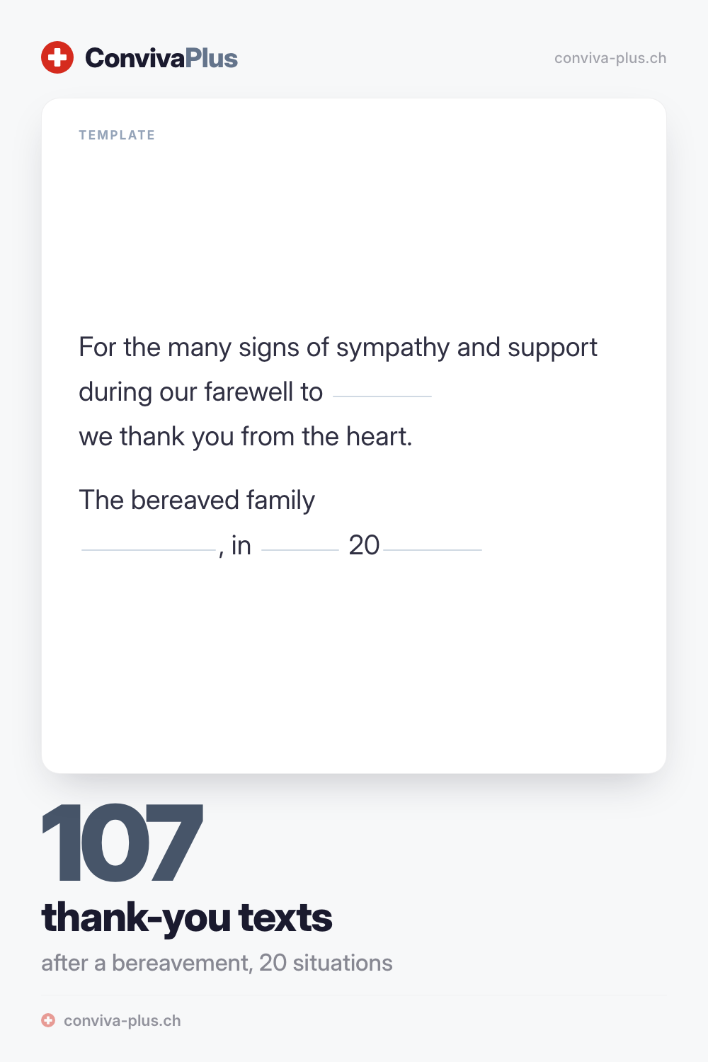 Sample bereavement thank-you card with blanks to fill in, from the ConvivaPlus collection of 107 texts for 20 situations
