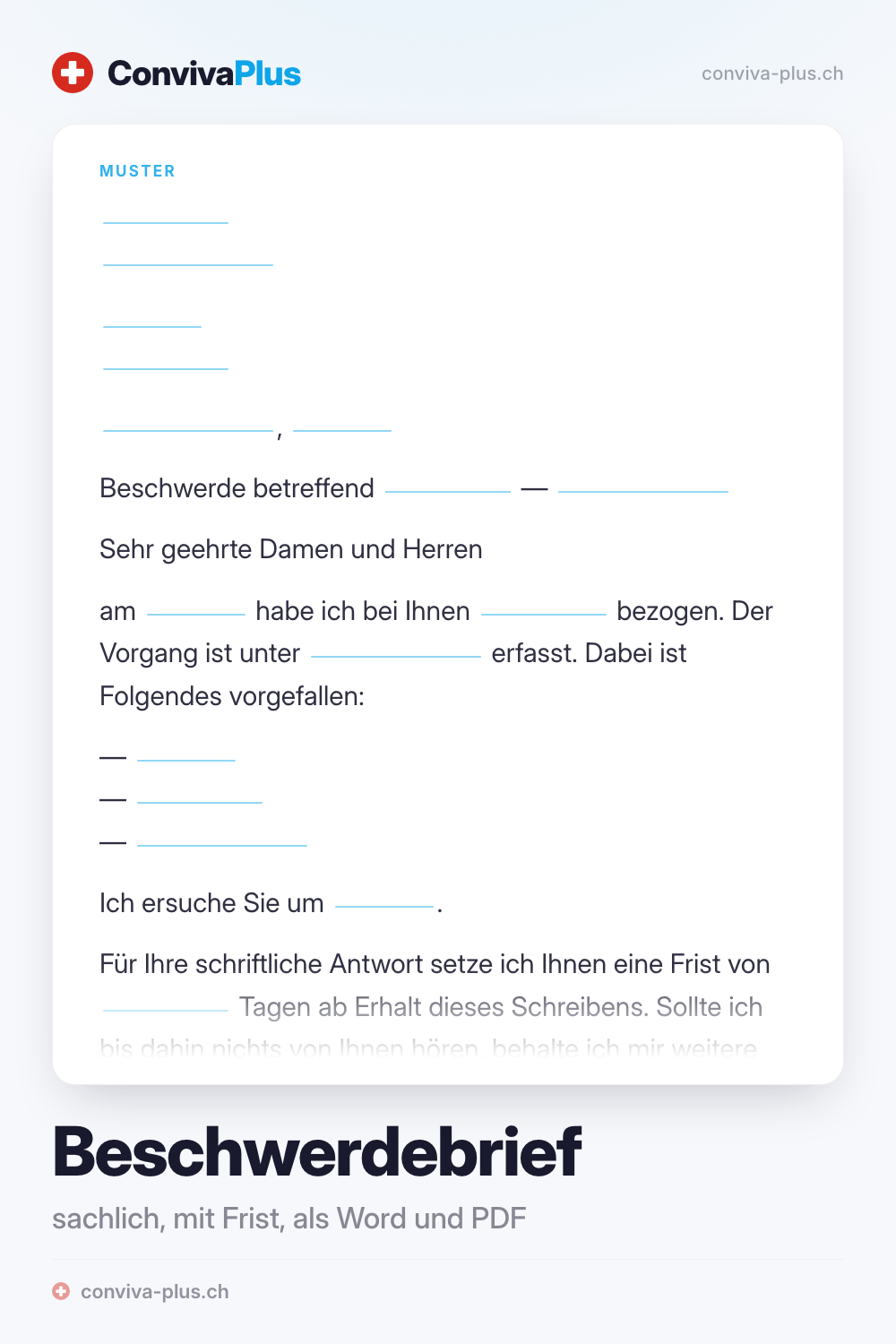 Beschwerdebrief Vorlage: Muster eines sachlichen Beschwerdebriefs für die Schweiz mit Linien für Empfänger, Gegenstand und Frist, eines von 14 Mustern von ConvivaPlus