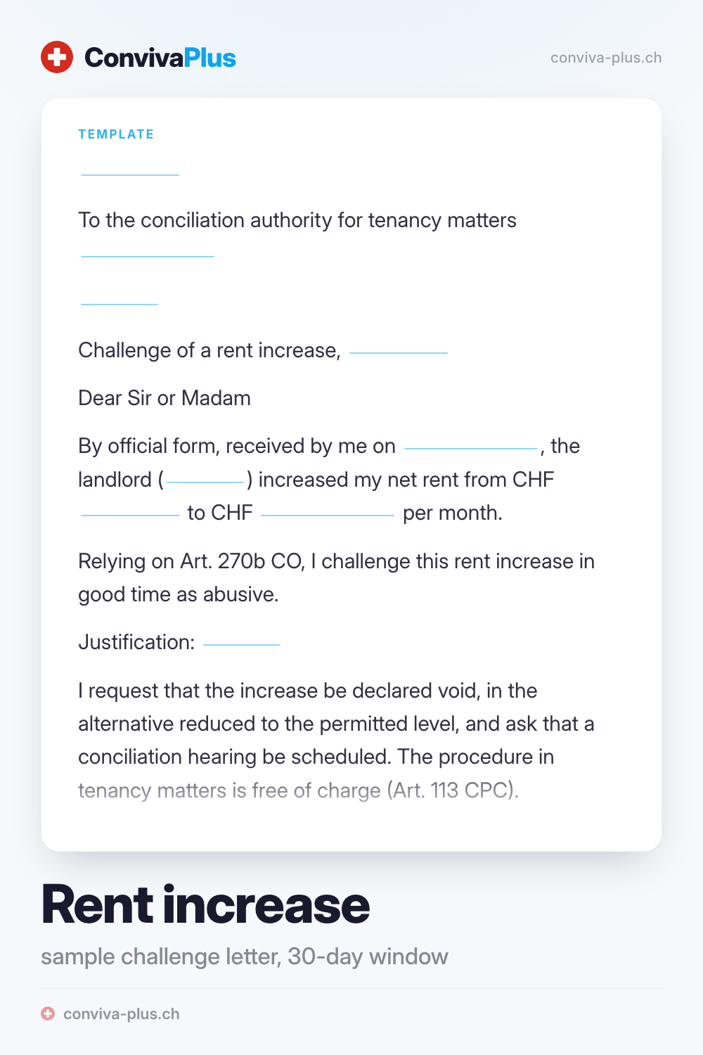 Sample letter challenging a rent increase in Switzerland with blanks for sender, property and date, template by ConvivaPlus
