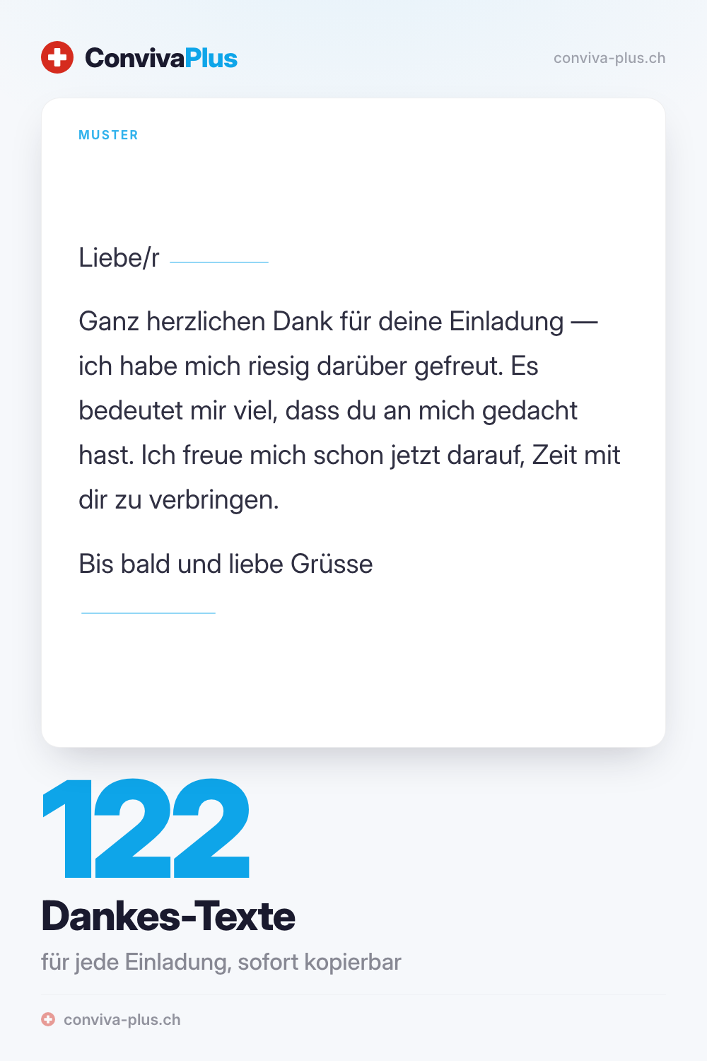 Muster einer Dankeskarte für eine Einladung mit Platzhaltern zum Ausfüllen, aus der ConvivaPlus-Sammlung mit 122 Danke-Texten