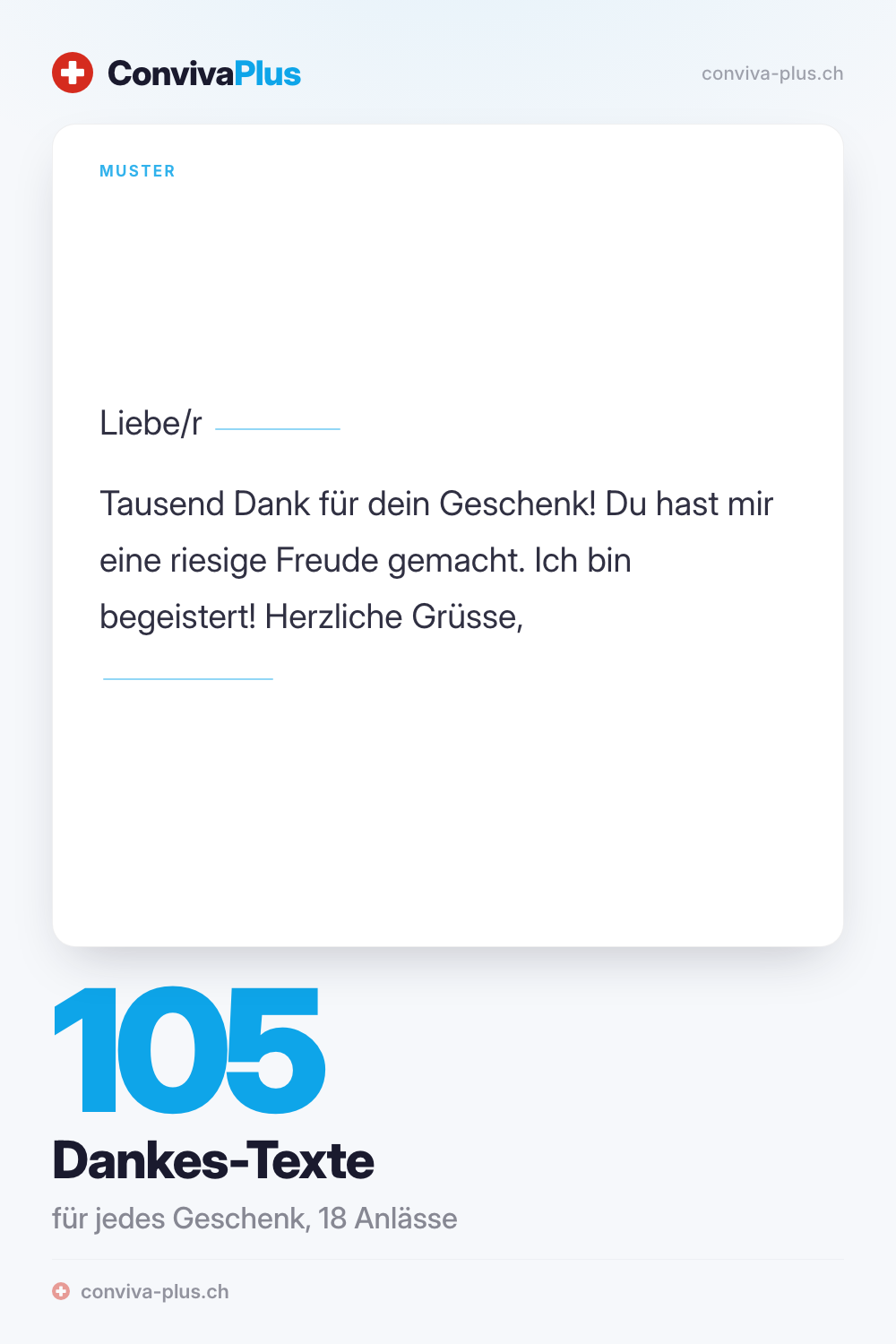 Muster einer Dankeskarte für ein Geschenk mit Platzhaltern zum Ausfüllen, aus der ConvivaPlus-Sammlung mit 105 Danke-Texten für 18 Anlässe