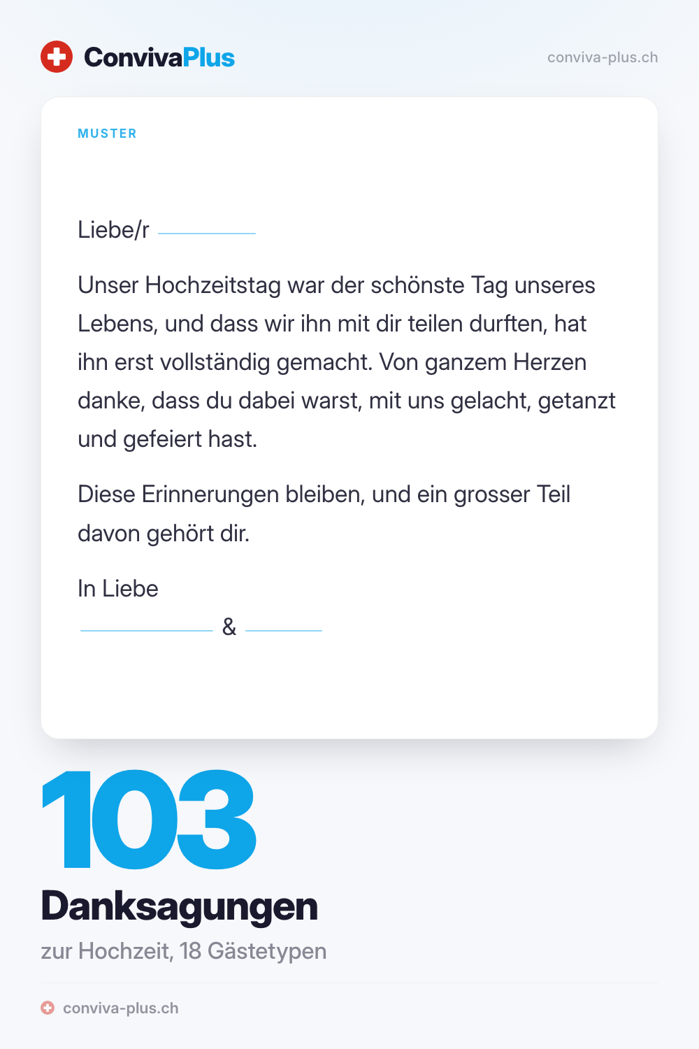 Muster einer Danksagungskarte zur Hochzeit mit Platzhaltern zum Ausfüllen, aus der ConvivaPlus-Sammlung mit 103 Danksagungstexten für 18 Gästetypen