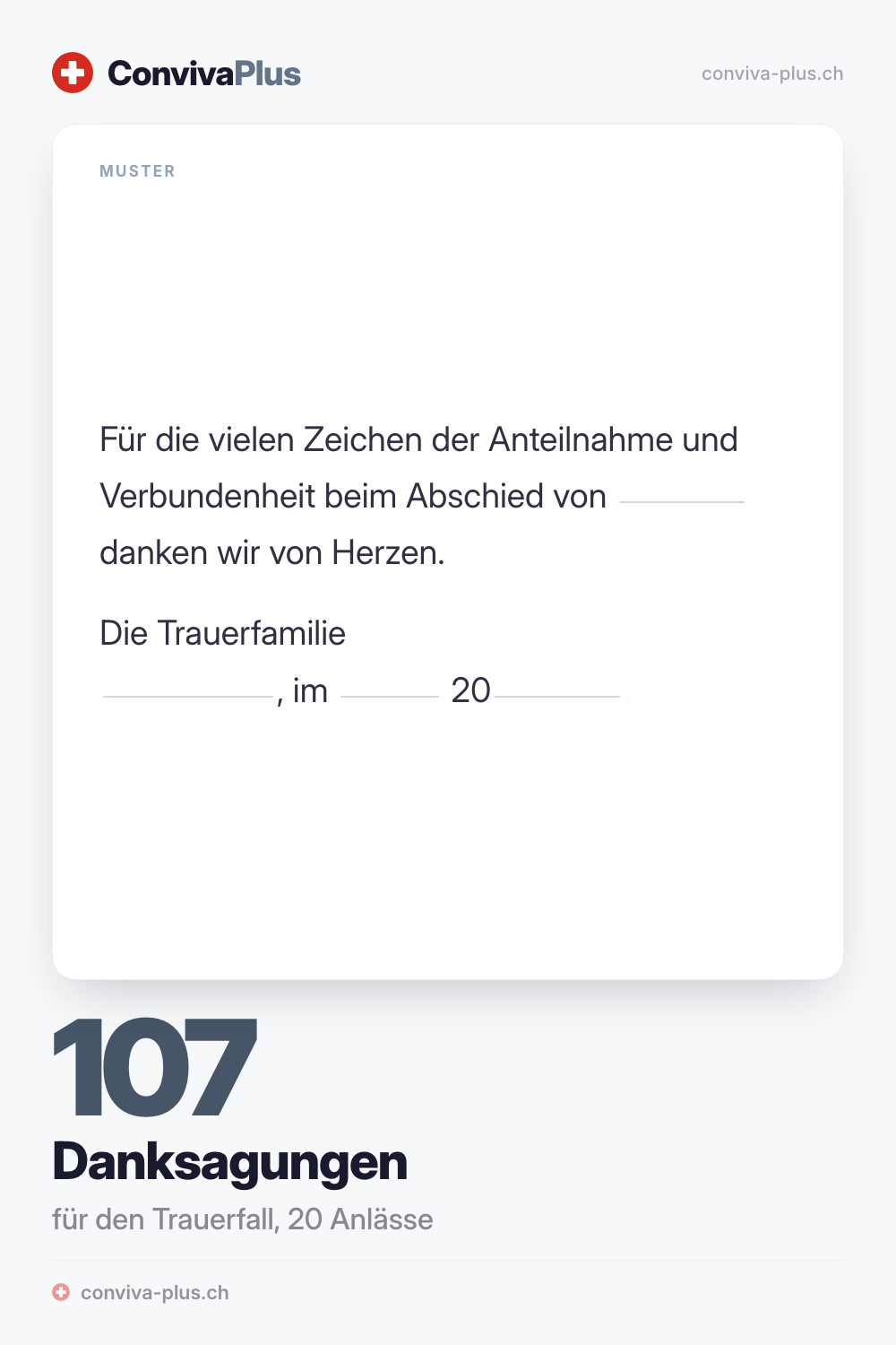 Muster einer Danksagungskarte nach einem Trauerfall mit Platzhaltern zum Ausfüllen, aus der ConvivaPlus-Sammlung mit 107 Danksagungstexten für 20 Anlässe