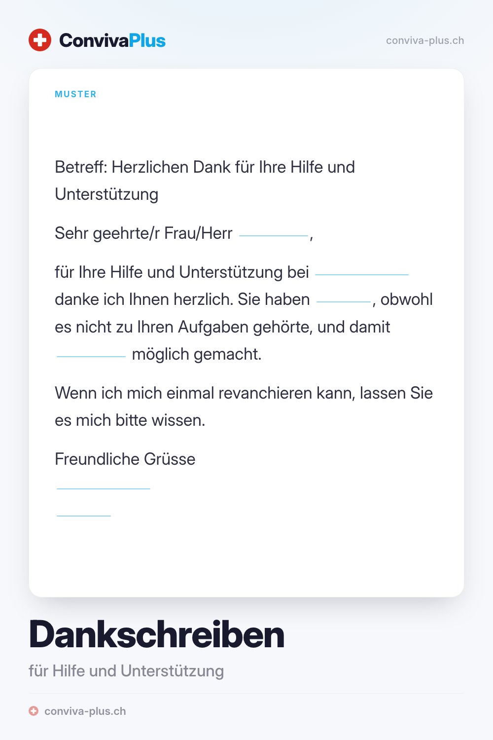 Dankschreiben Vorlage: Muster «Danke für die Hilfe und Unterstützung» mit Linien zum Ausfüllen, aus der ConvivaPlus-Sammlung mit 140 Danke-Texten
