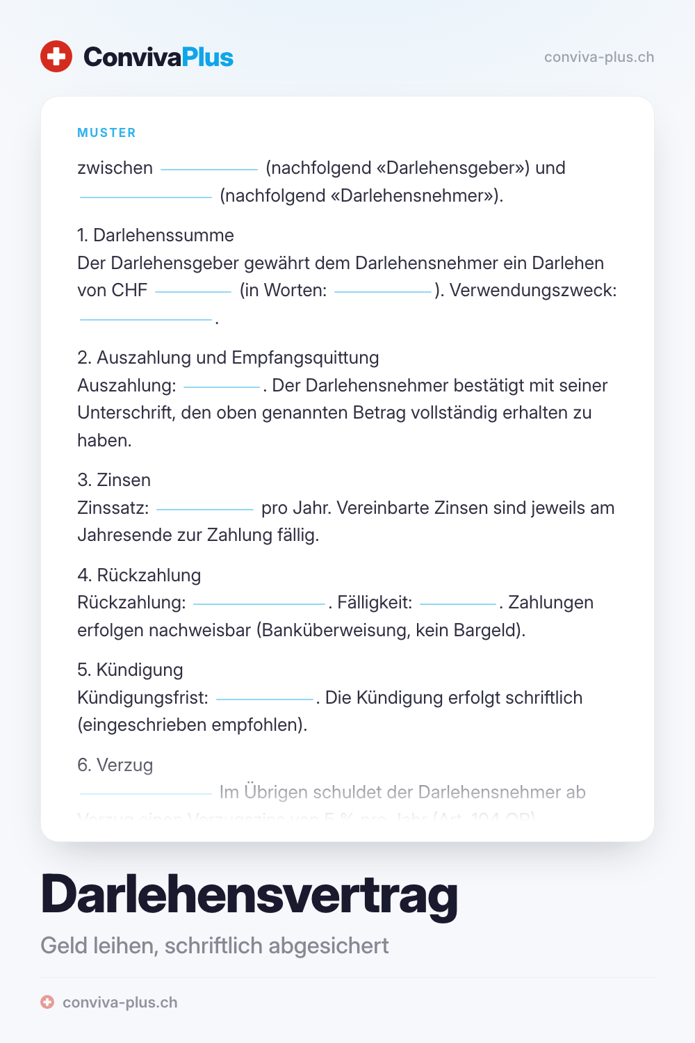 Muster eines Darlehensvertrags für die Schweiz mit Platzhaltern für Darlehensgeber, Darlehensnehmer, Betrag und Rückzahlung, Vorlage von ConvivaPlus